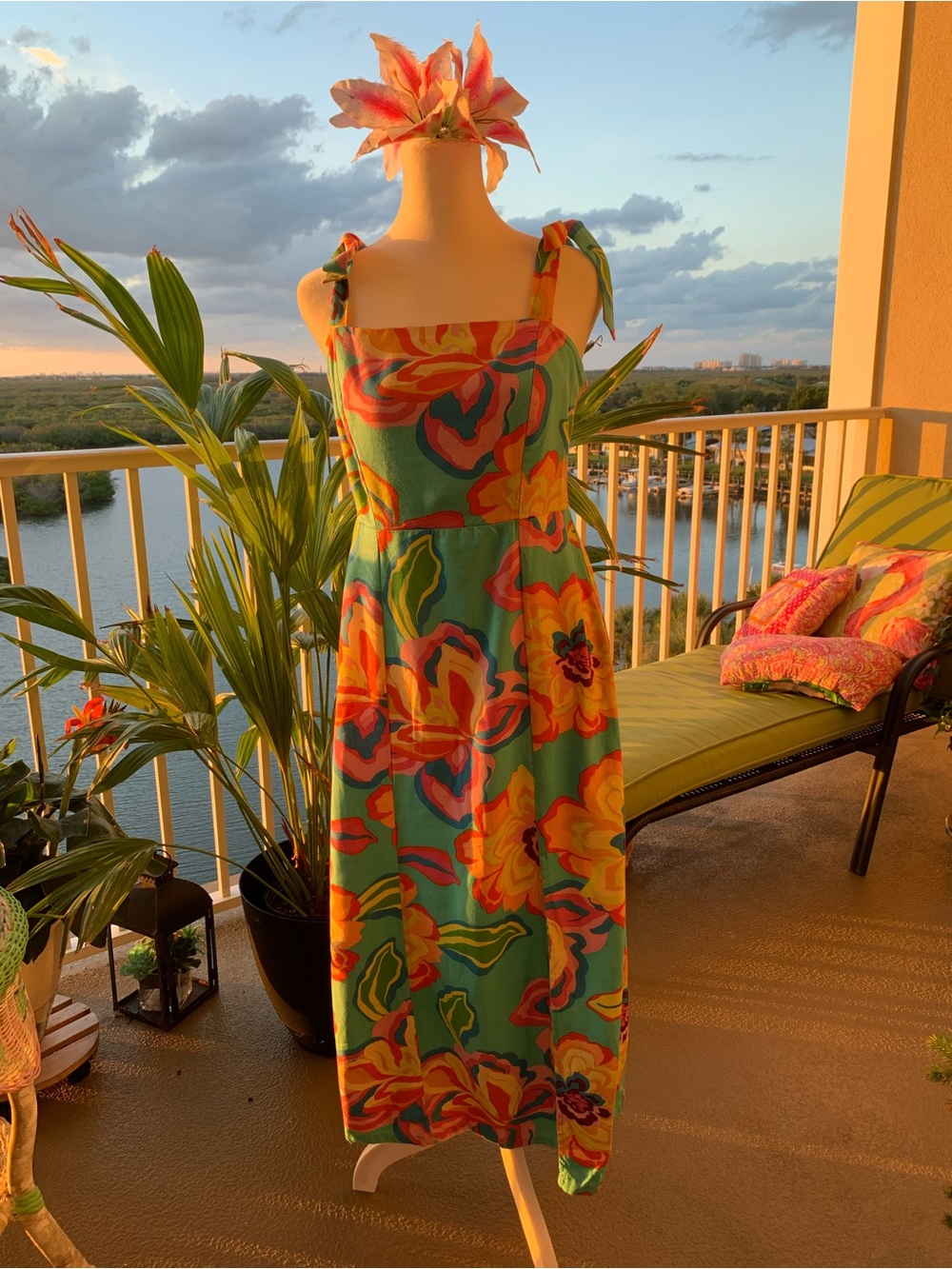 Bright Floral Tie-Shoulder Maxi Dress in Teal and Coral